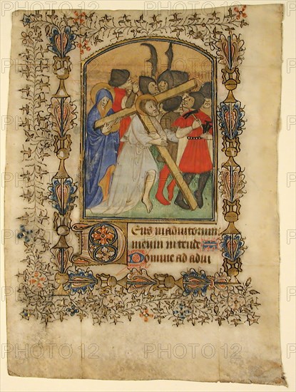 Manuscript Leaf from a Book of Hours... Illuminated Initial D and Christ Bearing the Cross, 1390-140 Creator: Unknown.