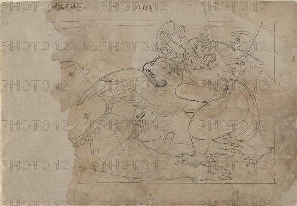 Vishnu on Garuda Slaying a Demon, mid-18th century. Creator: Unknown.