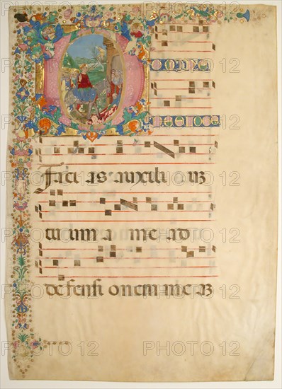 Manuscript Leaf with Entry into Jerusalem on Palm Sunday in an Initial D..., 15th-16th century. Creator: Bartolomeo di Domenico di Guido.