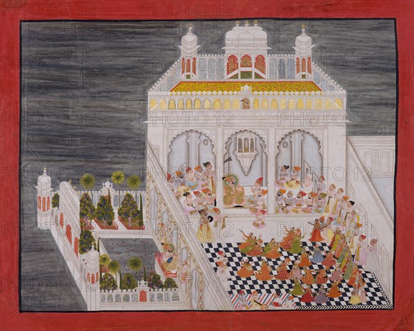 Maharana Ari Singh with His Courtiers Being Entertained at the Jagniwas Water Palace, dated 1767. Creator: Bhima.