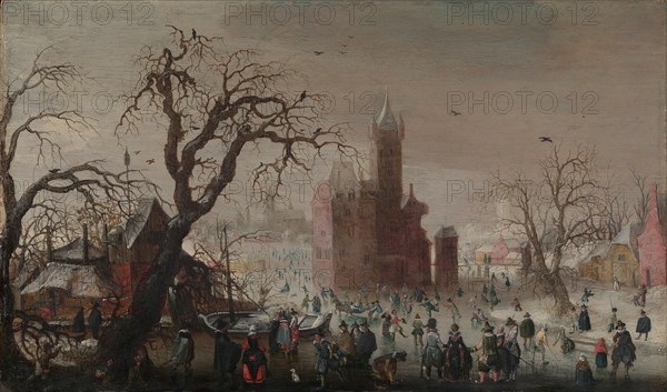 A Winter Landscape with Ice Skaters and an Imaginary Castle, ca. 1615-20. Creator: Christoffel van den Berghe.