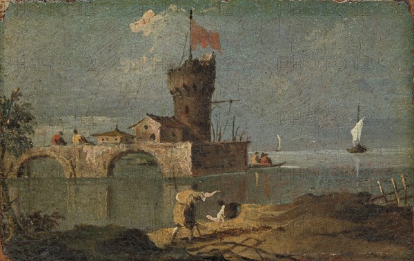 Capriccio with a Circular Tower, Two Houses, and a Bridge, 18th century. Creator: Unknown.