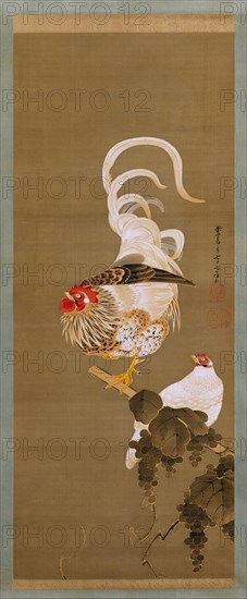 Hen and Rooster with Grapevine, 1792. Creator: Ito Jakuchu.