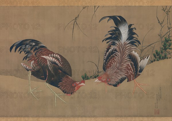 Gamecocks, dated 1838. Creator: Hokusai.