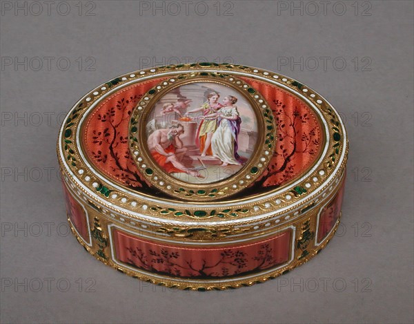 Snuffbox with scene of two maids and cupid at altar of love, ca. 1780. Creator: Les Frères Souchay.