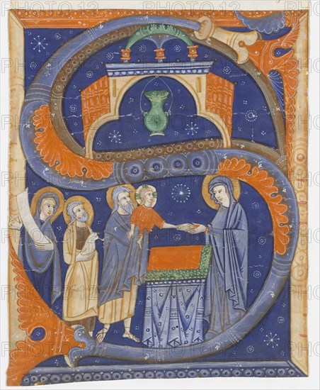 Manuscript Illumination with the Presentation of Christ in the Temple in an Initial S..., ca. 1278. Creator: Master of Bagnacavallo.