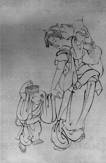 Mother and Children in Summer Night, 18th-19th century. Creator: School of Katsushika Hokusai.