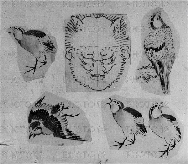 Four sketches of birds and one design for a grotesque mask, mounted together, 18th-19th century. Creator: School of Katsushika Hokusai.
