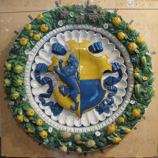 Arms of Gianfigliazzi Impaling Adimari, ca. 1525. Creator: School of the della Robbia.