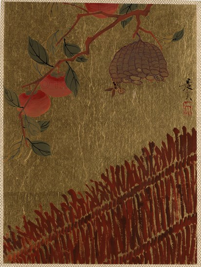 Persimmons Branch and Wasp Nest above a Hedge. Creator: Shibata Zeshin.