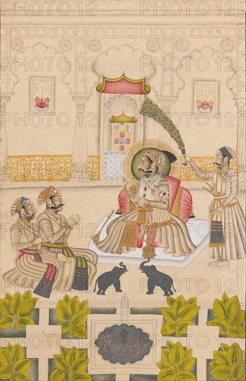 Maharana Amar Singh II Is Shown Two Silver Elephants, ca. 1705. Creator: Stipple Master.
