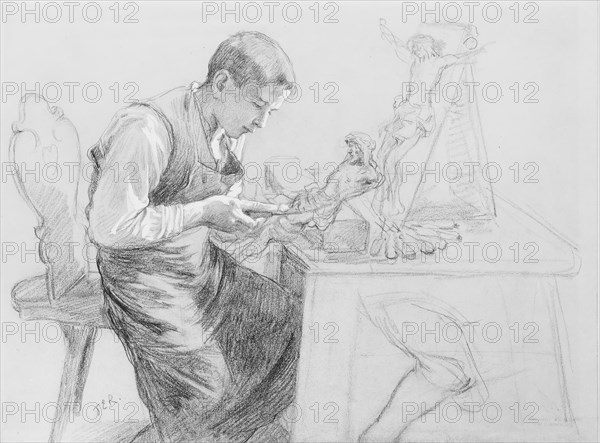 Study of a Boy Carving a Crucifix, ca. 1908. Creator: Toby E Rosenthal.