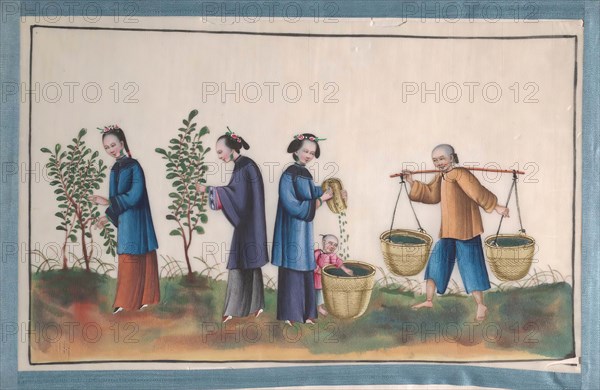 Album Containing Twelve Paintings of People Making Silk, 19th century. Creator: Unknown.