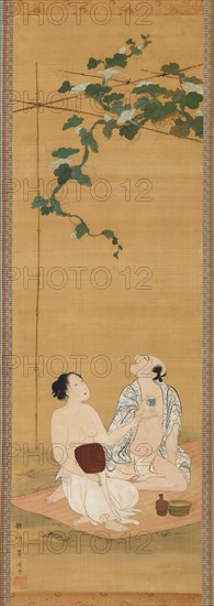 Enjoying the Evening Cool under a Gourd Trellis, early 19th century. Creator: Utagawa Toyohiro.