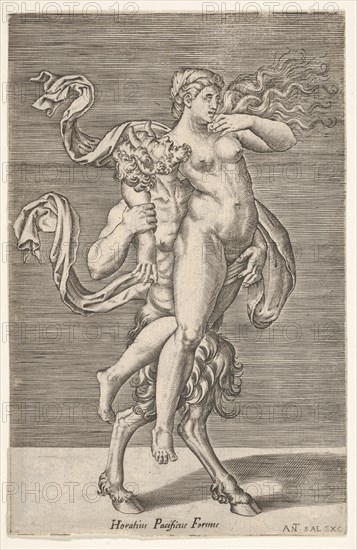 Satyr carrying a nymph, whose right arm is wrapped around the satyr's neck, with a ..., ca. 1505-62. Creator: Antonio Salamanca.