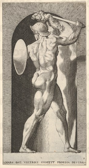 Plate 9: Mars in a niche, holding a sword above his head with his right arm, and a shield ..., 1526. Creator: Giovanni Jacopo Caraglio.