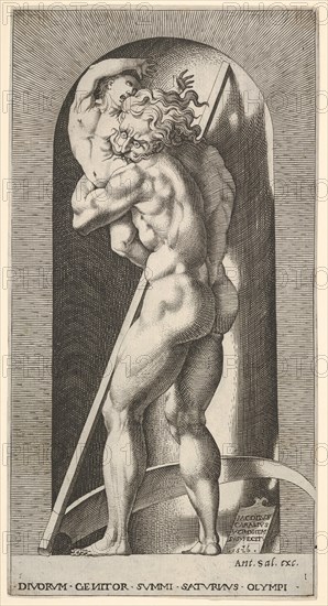 Plate 1: Saturn in a niche devouring his son, standing before a scythe, from a series of m..., 1526. Creator: Giovanni Jacopo Caraglio.