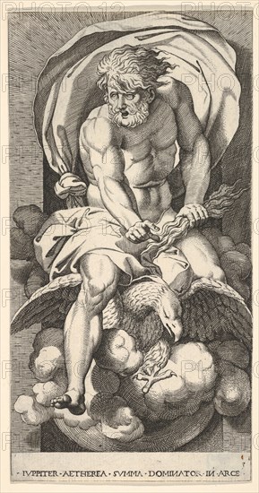 Plate 3: Jupiter emerging from a niche, riding an eagle and holding a thunderbolt in his l..., 1526. Creator: Giovanni Jacopo Caraglio.