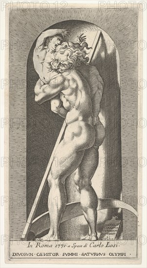 Plate 1: Saturn in a niche devouring his son, standing before a scythe, from a series of m..., 1526. Creator: Giovanni Jacopo Caraglio.