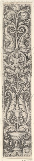 Vertical Panel with a Candelabrum Containing a Medallion with a Centaur and a Pair of Dolp..., 1529. Creator: Heinrich Aldegrever.