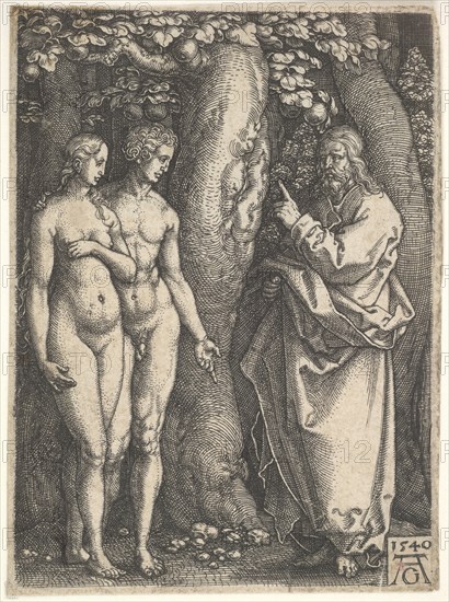 God at right forbidding the nude Adam and Eve at left to eat from the tree of knowledge in..., 1540. Creator: Heinrich Aldegrever.