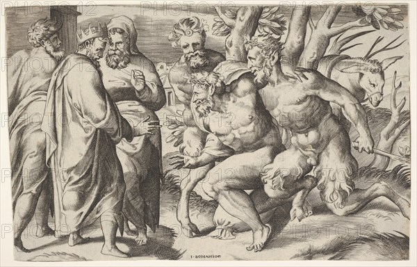Two satyrs leading Silenus to King Midas, who stands at left with two male attendan..., ca. 1550-80. Creator: Giulio Bonasone.