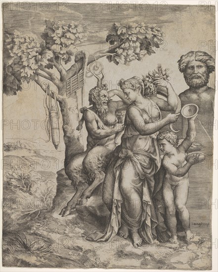 Pan seated near a female figure holding a cornucopia