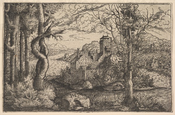 View on a River, with a Castle on an Island, 1553. Creator: Hans Sebald Lautensack.