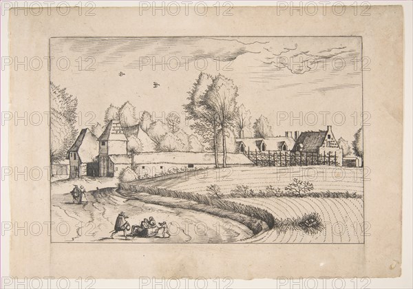 Country Houses, couple and cornfield in the foreground, from the series The Small Lands..., 1559-61. Creator: After The Master of the Small Landscapes