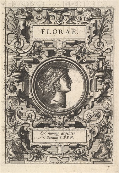 Bust of Florae surrounded by strapwork, from the series 'Deorum dearumque,' a set of image..., 1573. Creator: Unknown.