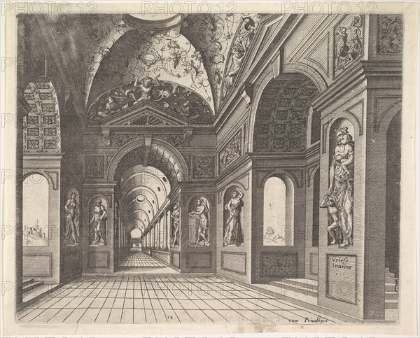 Perspective view of the interior of a hall, with cross-vault decorated with grot..., Published 1601. Creators: Johannes van Doetecum I, Lucas van Doetecum.