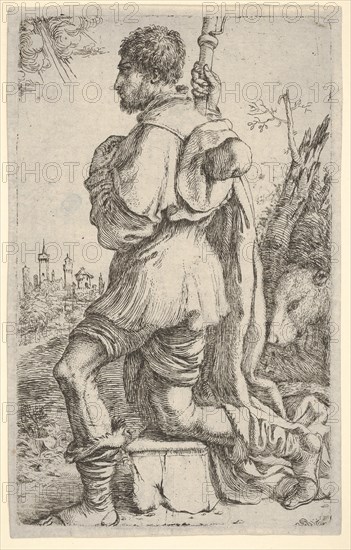 Saint Roch, kneeling on a stone, seen from the side with his dog behind him and a towns..., 1620-30. Creator: Giuseppe Caletti.