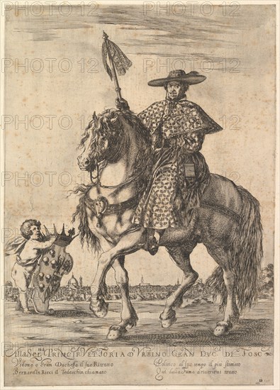 Bernardino Ricci, called il Tedeschino, atop a horse in center, riding towards the left, w..., 1637. Creator: Stefano della Bella.