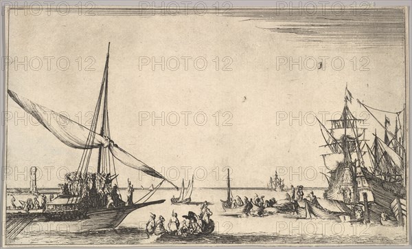A galley arriving at port to left, several rowboats in center, ships at port to right, fro..., 1639. Creator: Stefano della Bella.