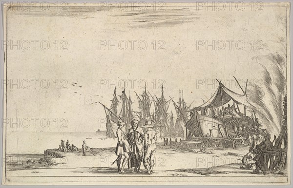 Three men wearing hats standing in center, men fixing a ship to right, five ships and vari..., 1639. Creator: Stefano della Bella.