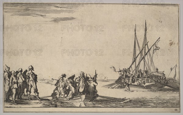 A rowboat full of men in center, a group of men standing on shore at left, a ship full of ..., 1639. Creator: Stefano della Bella.