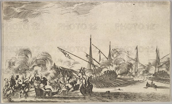 Combat between several rowboats and ships, two groups of men in rowboats fighting to left..., 1639. Creator: Stefano della Bella.