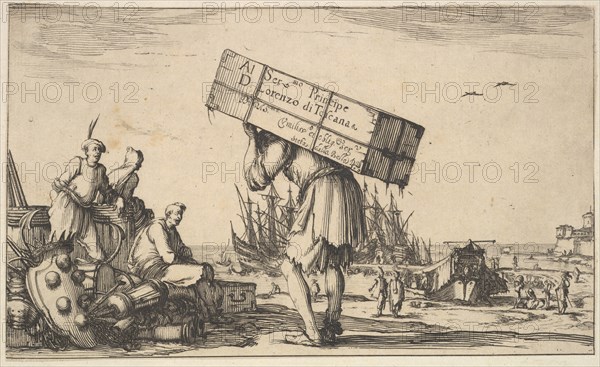 Title page: a man carrying a case on his back in center, three men looking towards him on ..., 1639. Creator: Stefano della Bella.