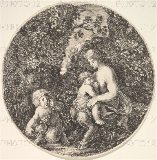 A female satyr breastfeeding an child to the right, turned towards the left, a satyr child..., 1639. Creator: Stefano della Bella.