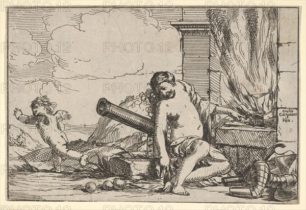 Fire, represented by Venus seated before Vulcan's forge, with armor, a cannon, and cann..., 1640-60. Creator: Giulio Carpioni.