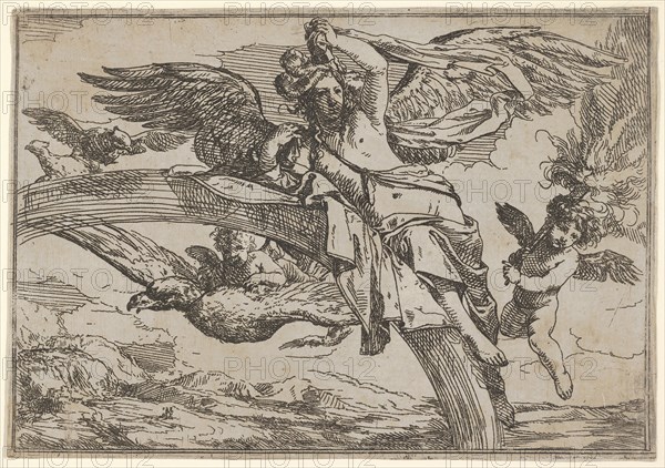 Air, represented by Iris reclining on her rainbow, accompanied by a winged putto bearin..., 1640-60. Creator: Giulio Carpioni.