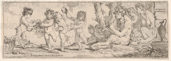 Bacchanal with satyr playing a lute and surrounded by four figures, who look toward a s..., 1640-60. Creator: Giulio Carpioni.