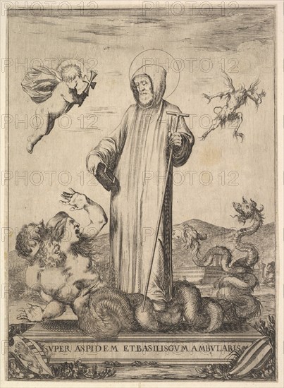 Saint Jean Gualbert trampling a monster with two human heads and a serpentine body, a flyi..., 1640. Creator: Stefano della Bella.