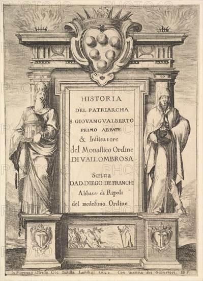 Frontispiece: a monument decorated with the Medici coat of arms at top in center, flames a..., 1640. Creator: Stefano della Bella.