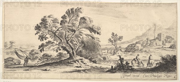 Plate 6: a fisherman carrying a net to left, two horsemen in a stream to right, a tree..., ca. 1641. Creator: Stefano della Bella.