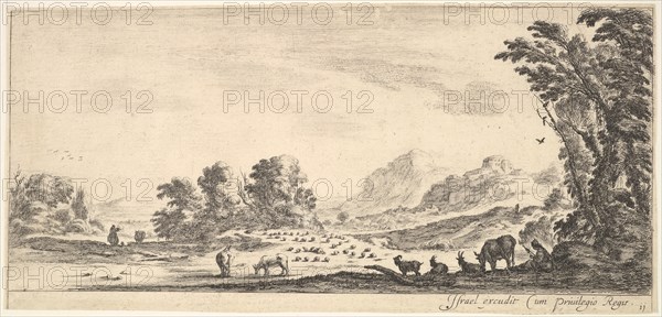 Plate 11: shepherdess seated to the right under a tree, watching her flock to the left..., ca. 1641. Creator: Stefano della Bella.