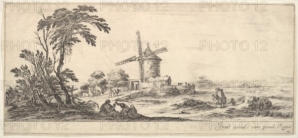Plate 10: a family in center foreground, various figures and horses in middleground, a..., ca. 1641. Creator: Stefano della Bella.
