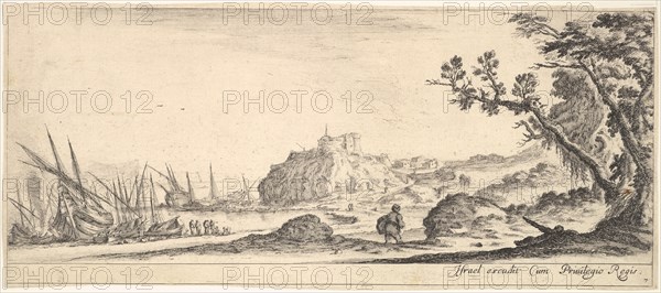 Plate 7: various boats on shore to left, a man carrying a bag, seen from behind and wa..., ca. 1641. Creator: Stefano della Bella.