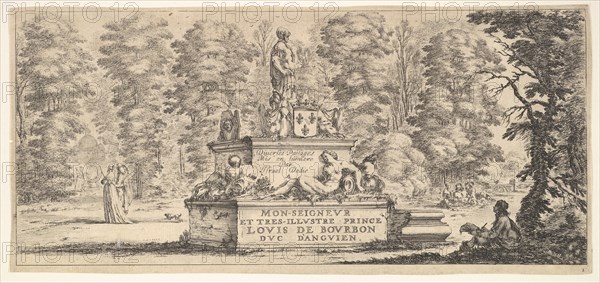 Plate 1: a monument with statues and a coat of arms in the center, a draughstman on th..., ca. 1641. Creator: Stefano della Bella.