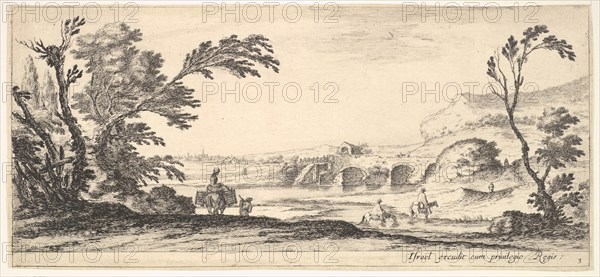 Plate 3: two horsemen crossing a river to right, a woman with two baskets atop a donke..., ca. 1641. Creator: Stefano della Bella.
